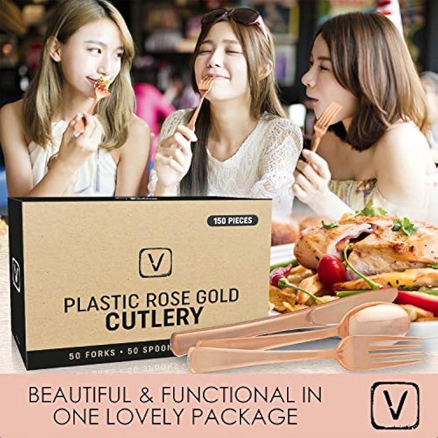 

Набор прочной посуды цвета розового золота и серебра, 150 шт. Пластиковые столовые приборы цвета розового золота для мероприятий с дресс-кодом black tie, свадебных приемов и вечеринок. Розовое золото United States