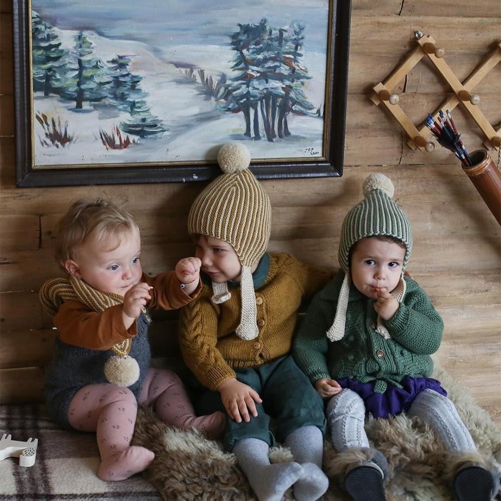 2Pcs/Set Stripe Knitted Pom Pom Hat Vintage Neck Warmer Casual Children Hat Scarf Set Outdoor
