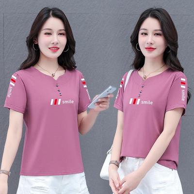 Women's V-Neck Cotton T-Shirt: 2025 Summer Fashion for Middle-Aged Mothers - Stylish, Short-Sleeved, and Hot-Selling.