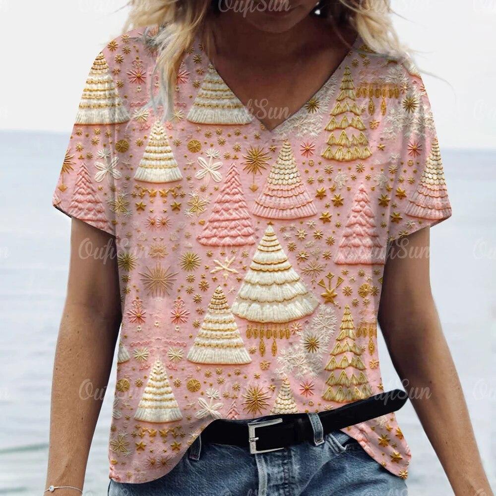 Tricou nou de Crăciun pentru femei 3D Moș Crăciun imprimeu tricouri cu mânecă scurtă cu decolteu în V, îmbrăcăminte de stradă supradimensionată, pulover Harajuku pentru femei