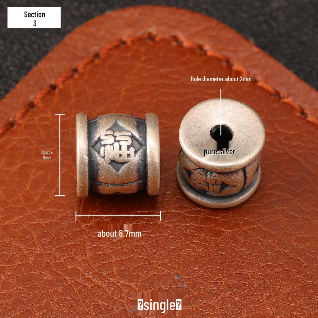 Ethnic-Style Sterling Silver S999 Fu Character Spacer Beads: Retro Barrel Ruyi Beads for DIY Lucky Silver Jewelry