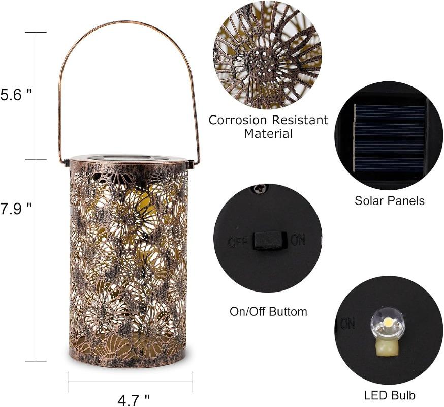 2026 New Vintage Daisy Projection Solar Lantern - Rustic Iron LED Lamp, Waterproof Hanging Decor for Garden, Patio & Yard