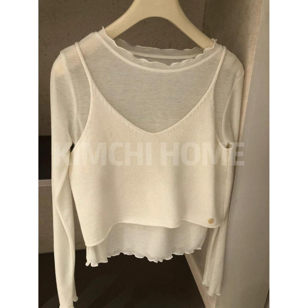 Süßer Rüschen-Cardigan mit Rundhalsausschnitt in Milchgeschmack-Optik zum Layern - Damen Dünnes, halbtransparentes Langarm-T-Shirt