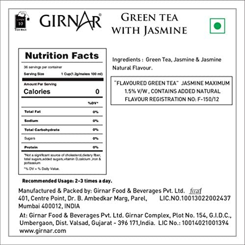 Girnar Grüner Tee mit Jasmin 10 Teebeutel Koffeinarm Antioxidativ Beruhigend Natürlicher Geschmack