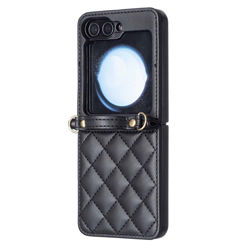 Für Samsung Galaxy Z Flip6 5G/Z Flip5 5G Leder Rückseite Hülle Rauten Handyhülle mit Schultergurt