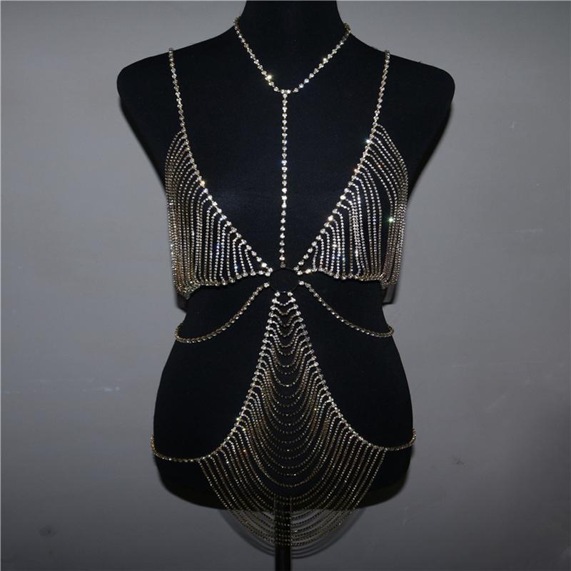 Luoyan Shining Ladies Nightclub Sexy Crystal Top Skirt All-In-One Jewelry Girls Wearing Bra Chain Sexy Bikini Lingerie