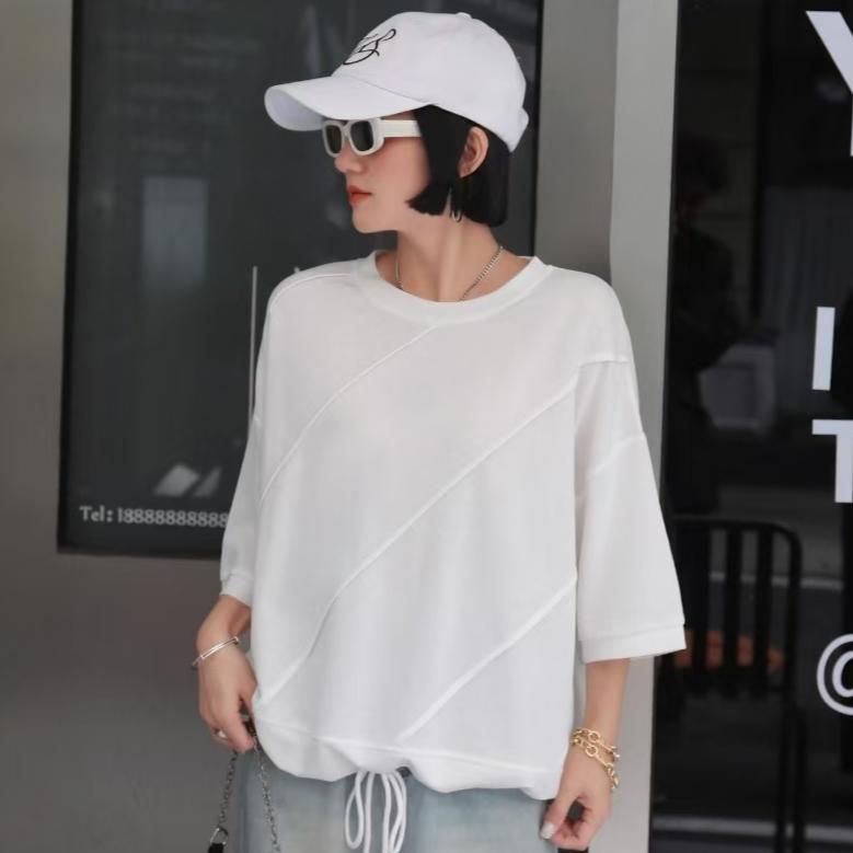 DIMANAF 2025 Plus Size Summer Solid Bat Stripe T-shirt Women Short Sleeve Loose Tops Tees