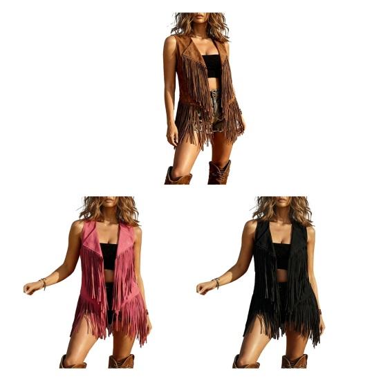 Fringe Vest for Women Sleeveless Faux Suede Tassel Jacket Open Front Western Cowgirl Cardigan Outerwear