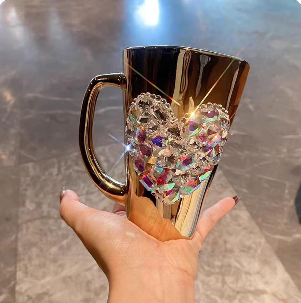 Creative Diamond Inlaid Love Water Cup with High Aesthetic Value, 304 Stainless Steel Coffee Cup, Portable Office and Home Mug