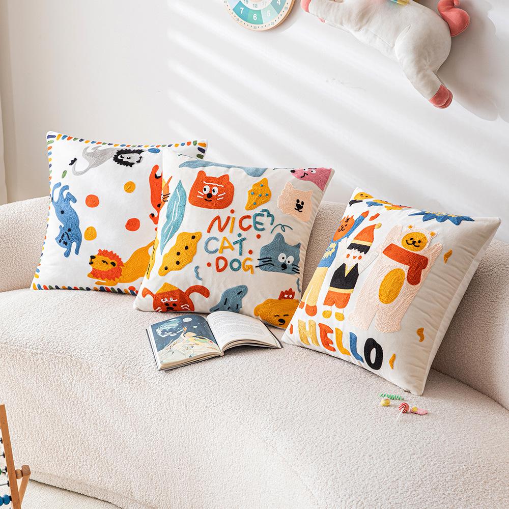 Line Cute Cushion Cover Zoo Print Baby Embroidered Durable Pillow Cases Mid Century Aesthetic Modern Boho For Kids Bedding