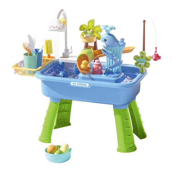 

Toddlers Sand And Water Table Toy, with Faucet, Play Food Accessories, Fishing Toy, Kitchen Play Sink Toy with Electric Water Pump for Boys, Girls