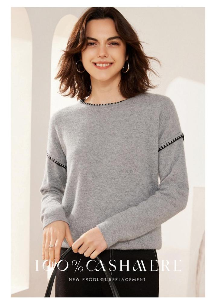 Autumn/Winter 100% Cashmere Versatile Clip-Edge Round Neck Sweater