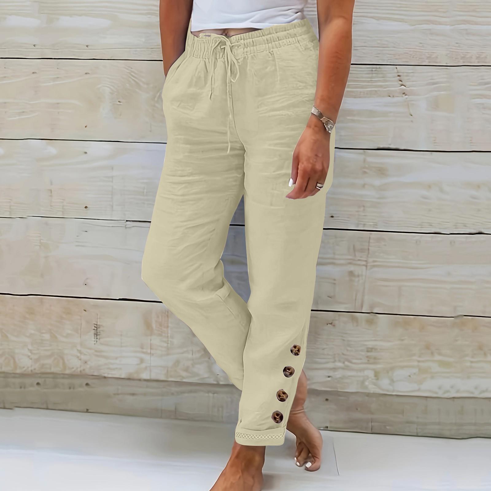 

Жіночі літні широкі брюки з бавовни та льону з кишенею на еластичній талії, вільні штани Nine Points XXXL хакі