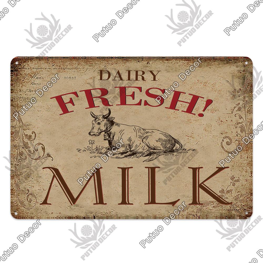 Putuo Decor Farm Tin Sign Milk Vintage Tin Sign Plaque Metal Plate Retro Poster for Farmhouse Cow Pig Wall Stickers Art Decor