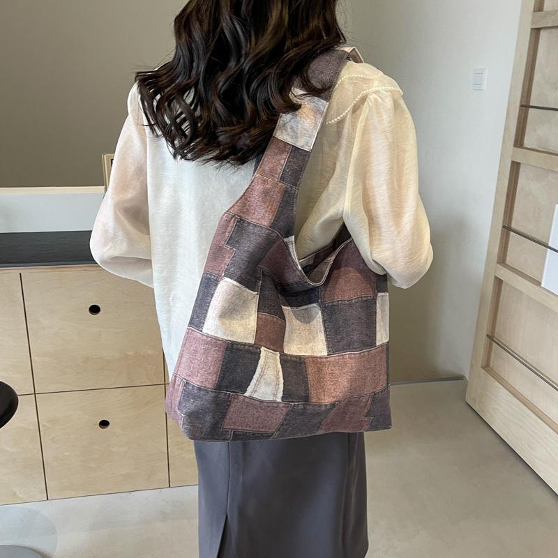 Block Color Tote Bag Women's Large Capacity Student Class Bag Simple Crossbody Portable Underarm Bag