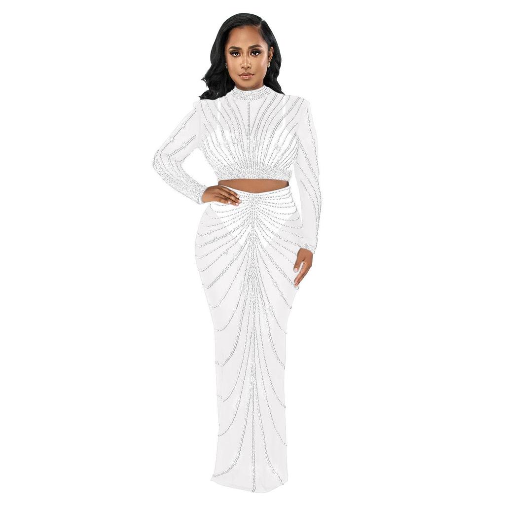 European & American Fashion Mesh Hot Drilling See-through Long Sleeve Long Dress Two-piece Set for Women