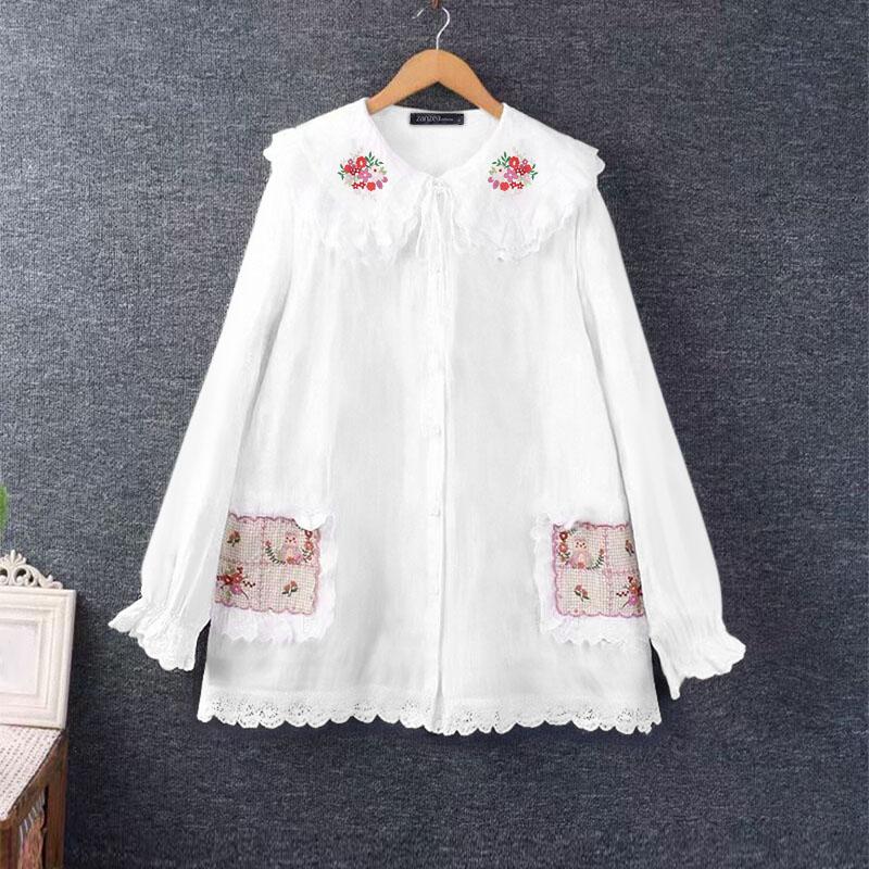 

ZANZEA Womens Doll Collar Casual Long Sleeve Patchwork Blouse S белый