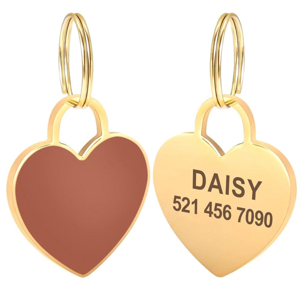 

Personalized Pet ID Tag Custom Engraved Heart Shape Anti-lost Dog Cat Name Plate Collar Charm for Small Medium Pets S коричневий