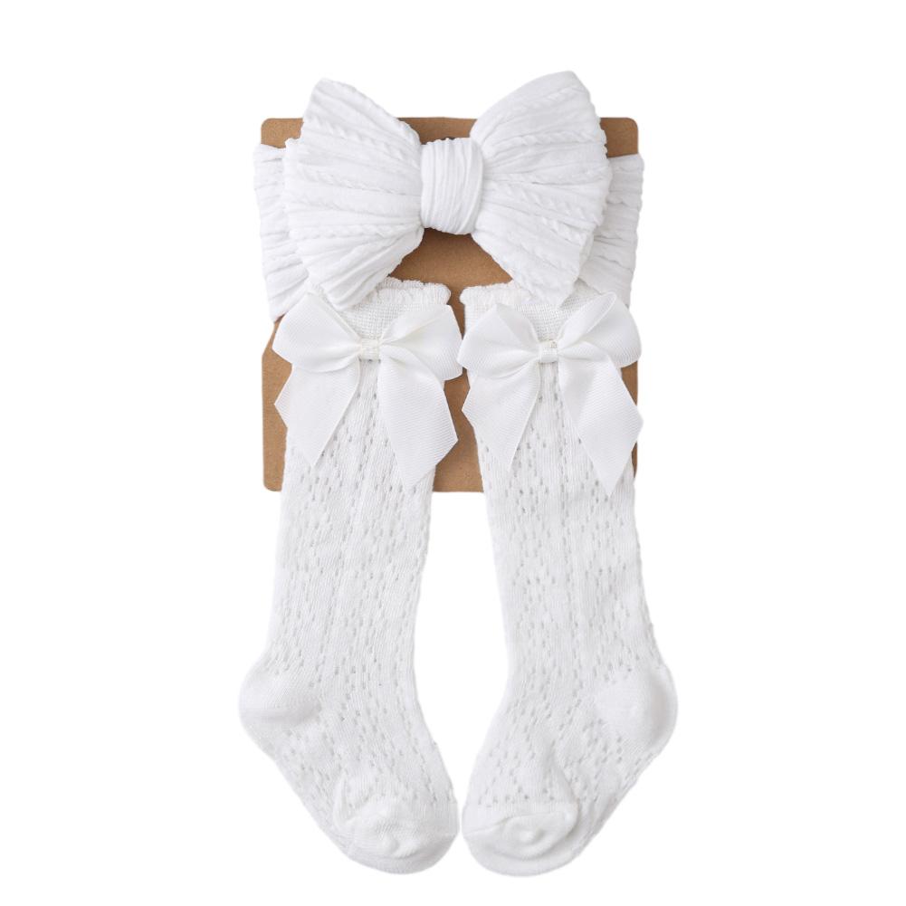 2Pcs Baby Girl Fall Outfit Vintage Cable Knit Stockings With Bow Headband Solid Spanish Socks Hair Accessories For 0-12 Months