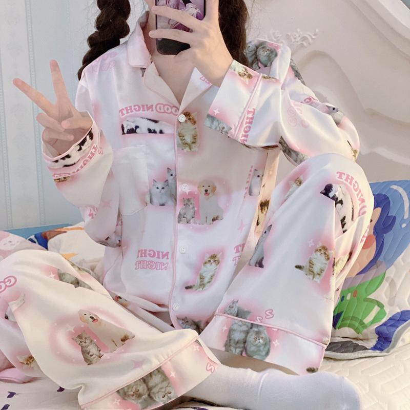 Ice Silk Pajamas Women'S High-End Cute Cat Long-Sleeved Thin Loungewear Fashion Suit