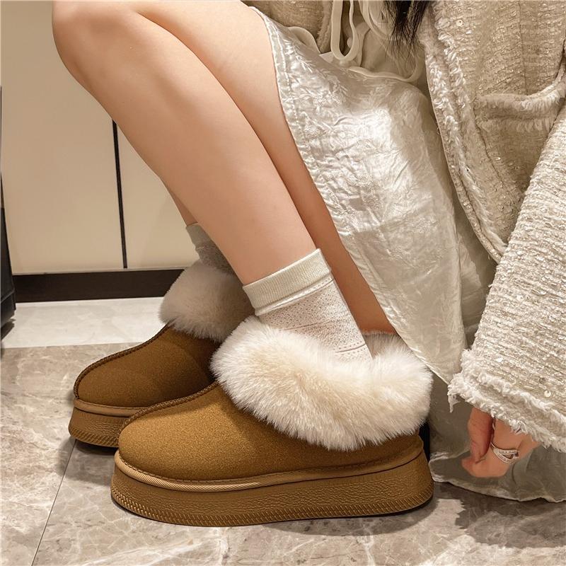 Platform Snow Boots Women's Winter New Round Toe Deep Mouth Suede Plush Platform Non-Slip Flat Slippers