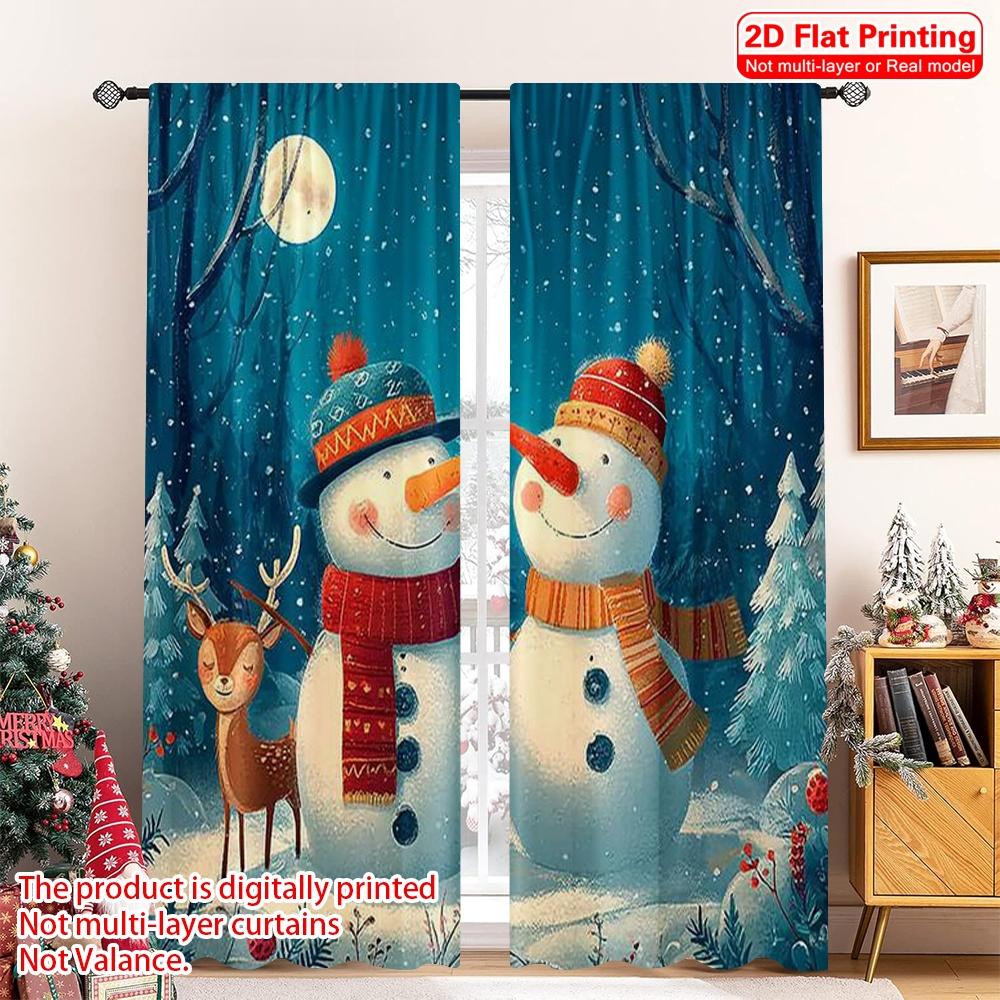

Set Of 2 Flat Printing Merry Christmas Curtain Snowman Reindeer Fabric Without Electricity Festive Wall Decor Polyester W100*H70(CM)-Hooks&2PCS
