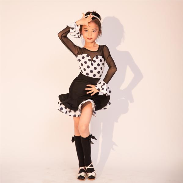 Gepunktetes Langarm Cha Cha Rumba Tango Latein Tanzkleid Mädchen Kinder Samba Salsa Kleidung Kinder Wettkampf Standardtanzkleider