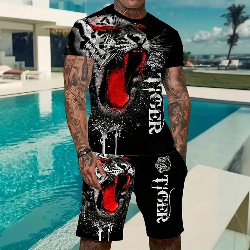 

Men s Animal Tiger Tees sets Summer Tops Short Sleeve Short Pants Crew Neck Sport Casual Trendy Outdoor Casual Daily Summer S