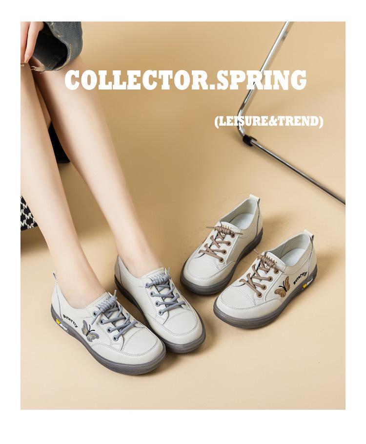 Women's White Leather Slip-On Sneakers - Spring/Autumn, Soft Sole, Butterfly Design, Casual Flats, Plus Sizes Available
