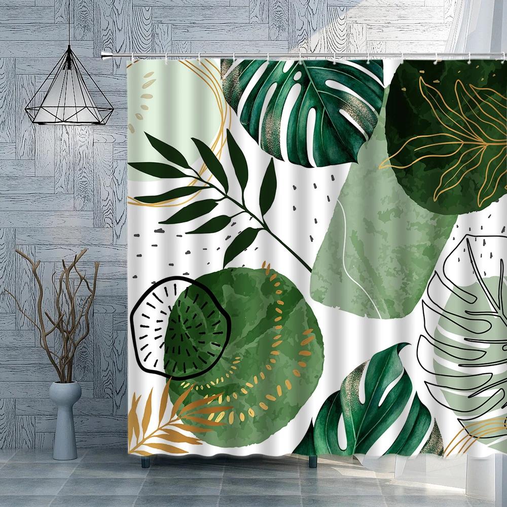 Abstract Leaves Shower Curtain Set Creative Geometry Mid-century Boho European-style Fabric Decor Bathroom Curtain Hook Washable