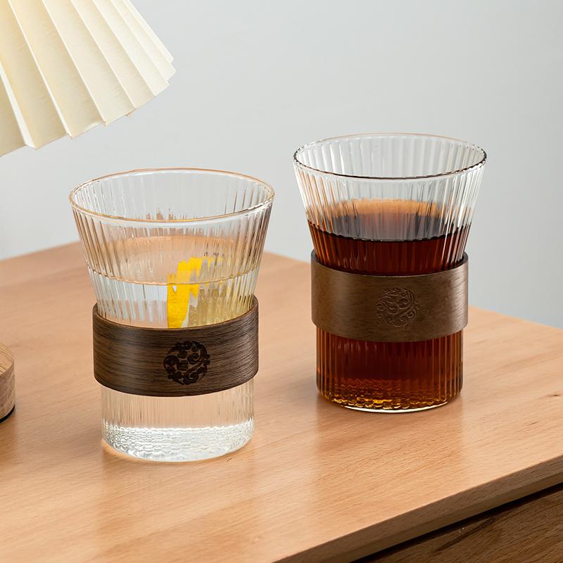 Hammer Patterned Glass Cup For Coffee Wood Ring Tea Cup Master Cups Small Kung Fu Set Tea Drinking Coffee Tea Mug