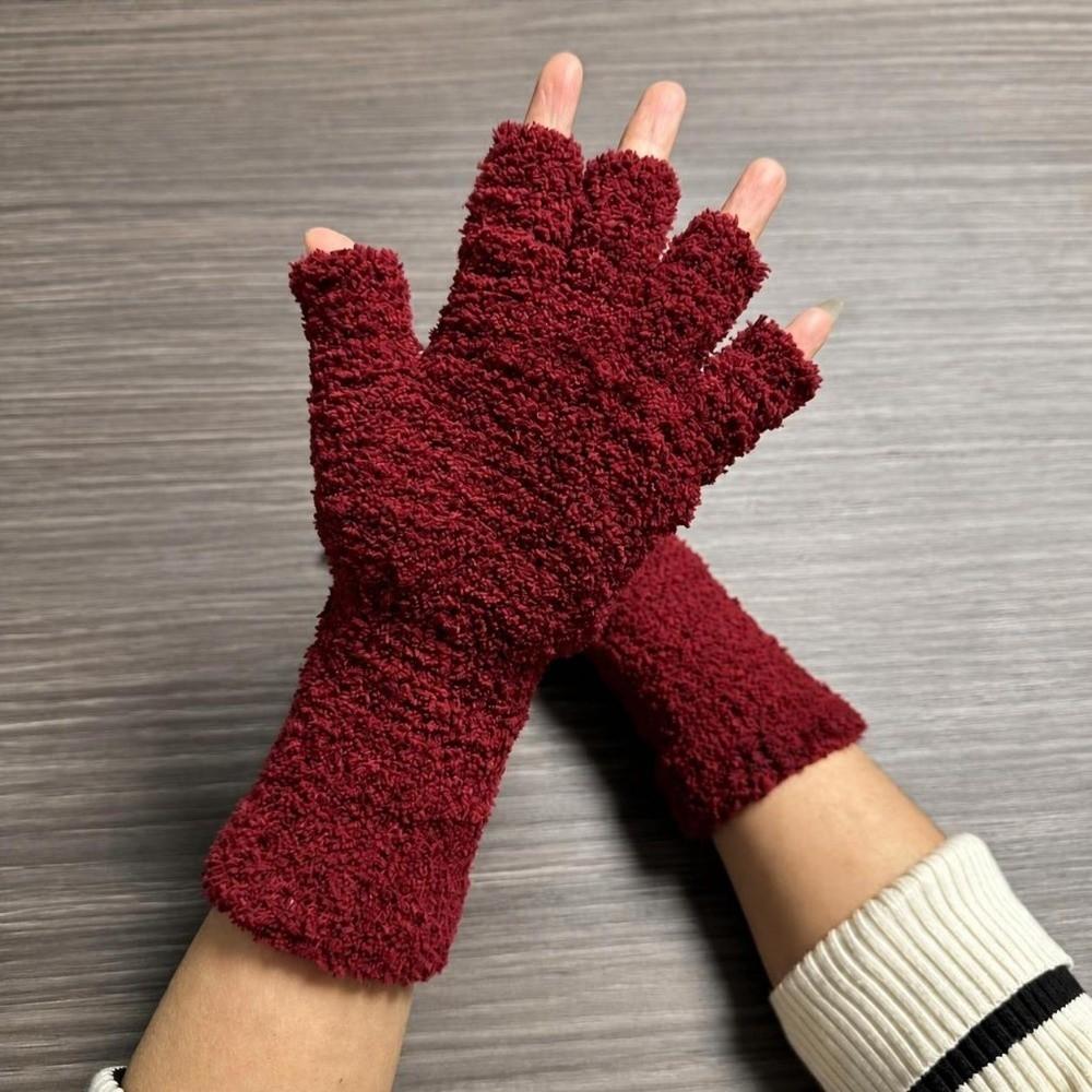 Solid Color Knitted Gloves Coral Fleece Warm Gloves Cozy Half Finger Gloves Unisex