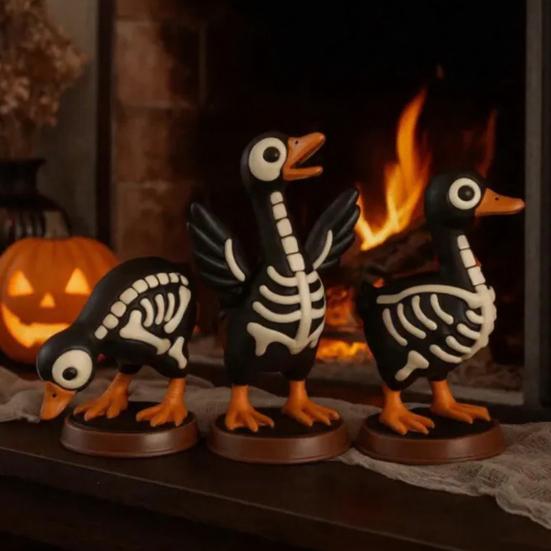 3Pcs Halloween Spooky Skeleton Goose Figurine, Miniature Skeleton Goose Resin Statue, Skeleton Animal Sculpture Desktop Ornament for Home, Office,