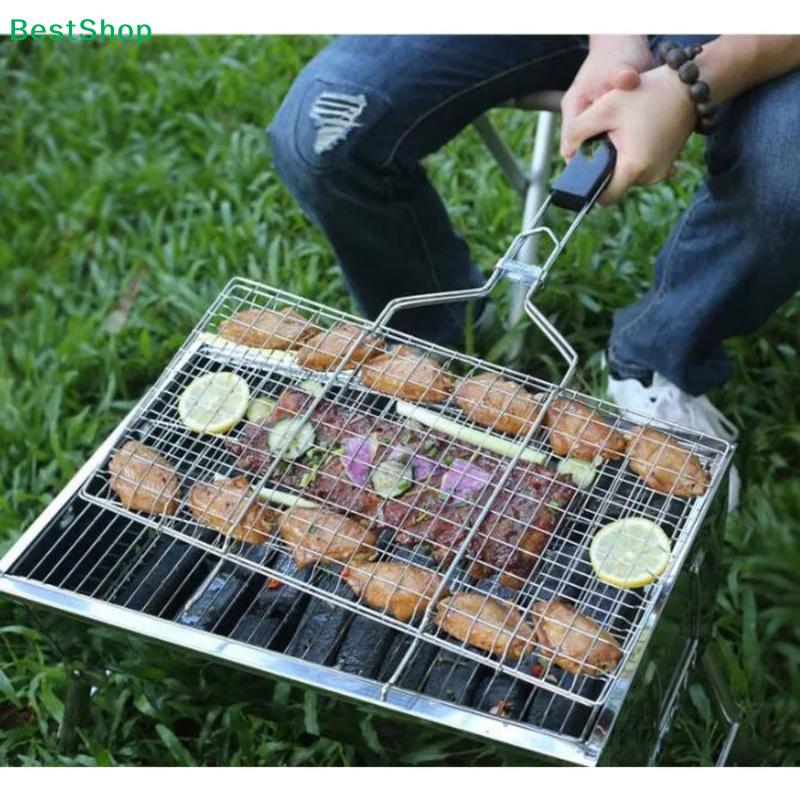 Foldable BBQ Grill Net For Hamburger BBQ Solid Ferroelectric Plating Heat-Resistant Wooden Handle For Outdoor Barbecue