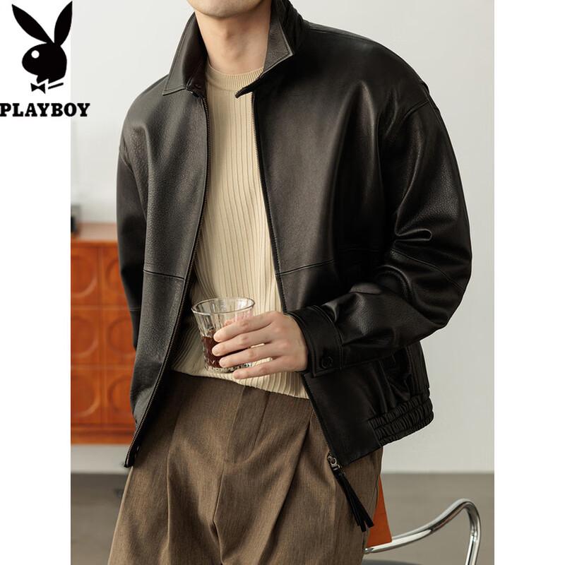 Playboy Men's Genuine Sheepskin Leather Moto Jacket