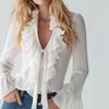 Elegant French Style Spring Summer V-Neck Bubble Sleeve Shirt Tops for Women Pure Color Ruffles Lady's Blouse