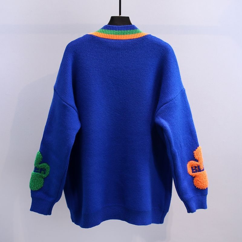 Kontrastfarbe Kleine Blume Pulloverjacke Neu Locker Lässiger Stil Westernstil Gestrickte Strickjacke