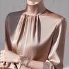 Damen Satin Stehkragen Bluse Falten Langarm Elegant Büro Oberteil