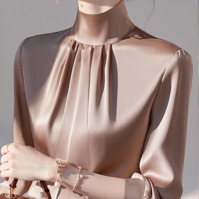 

Women s Satin Mock Neck Blouse Pleated Long Sleeve Elegant Office Top S рожевий
