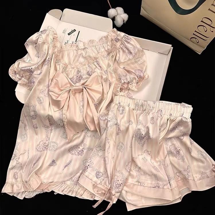 The new Korean version of the high-end kitten pajamas women s summer short-sleeved shorts set wears a two-piece loungewear set S