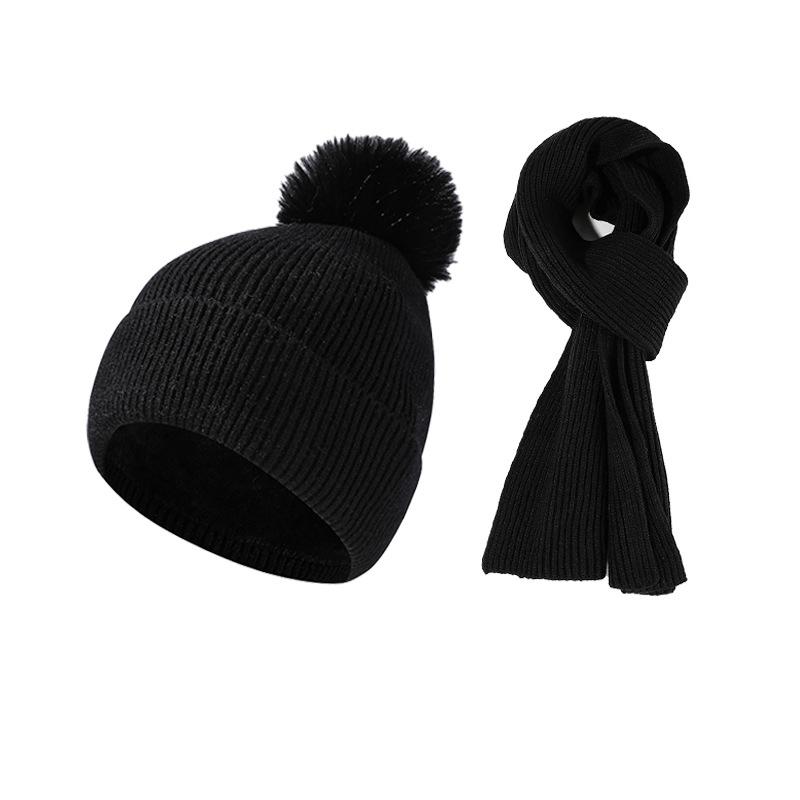 Autumn Winter Knitted Hat Scarf Two-Piece Set Women's Velvet Wool Hat Warm Pullover Hat Long Scarf Set