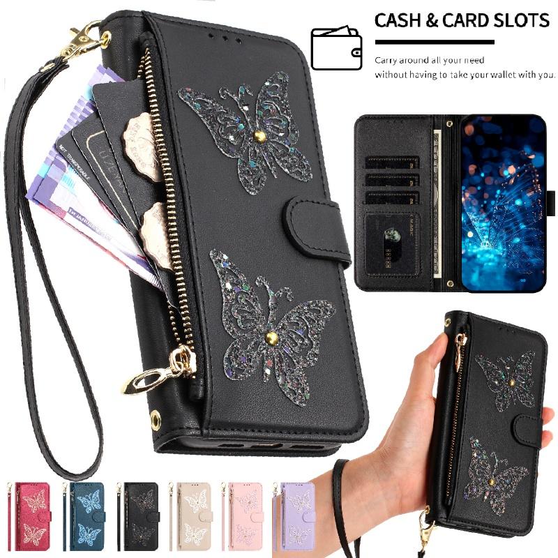 For Google Pixel 11 Pro XL 10A 10 9 9A 8 Sparkling Butterfly Zip Wallet Card Phone Case Lanyard Leather Flip Purse Holder Cover