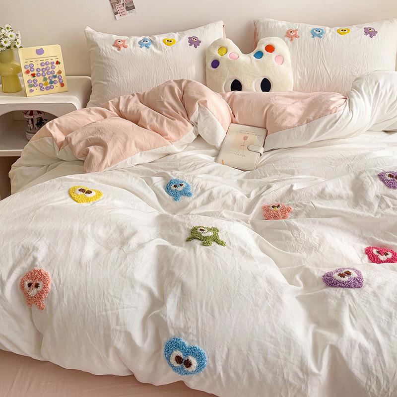 Class A Ins Pure Washed Cotton Bedding Four-Piece Set Quilt Cover Quilt Cover Bed Sheet Person Student Dormitory Three-Piece Set