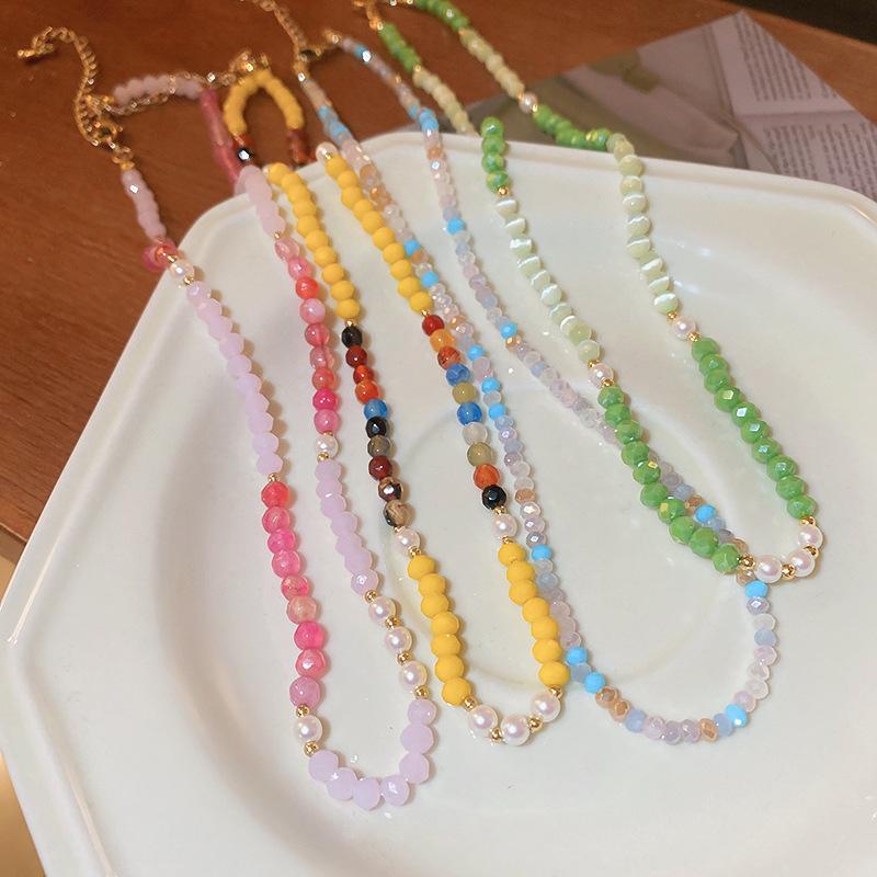 Color Crystal Natural Stone Agate Pearl Necklace Accessories High Sense Fashion Collarbone Chain Versatile Necklace Women