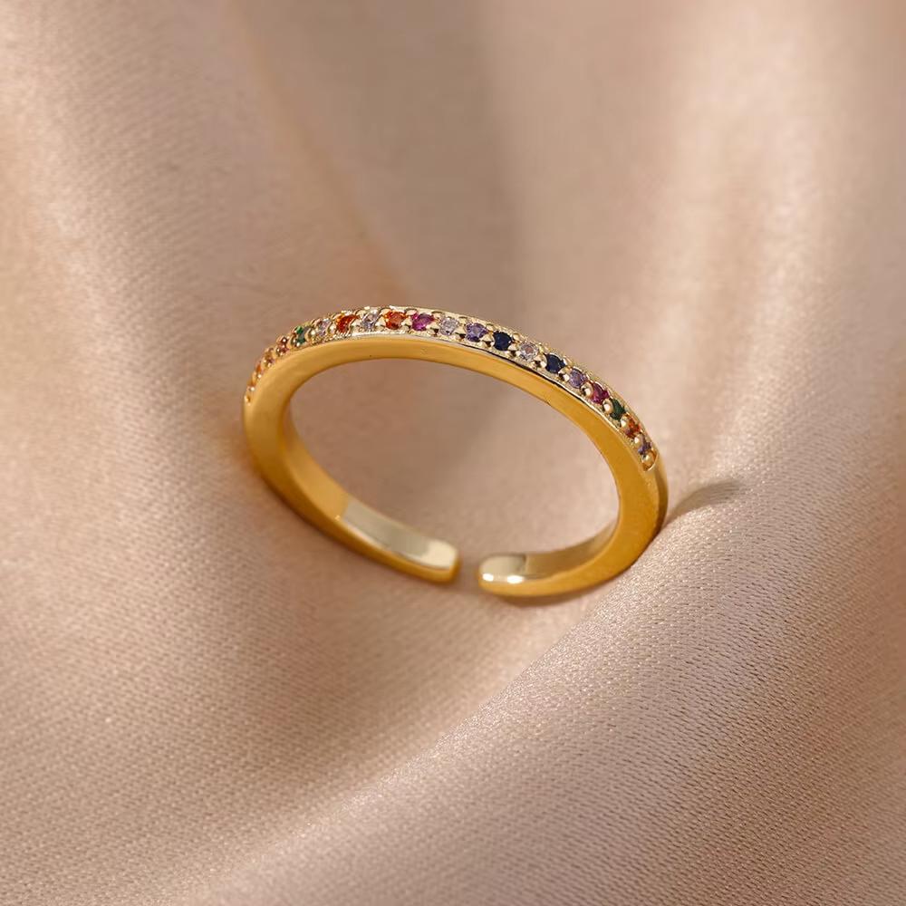 Luxry Colorful Zircon Opening Rings For Women Stainless Steel Gold Color Irregular Geometric Shiny Crystal Ring Fashion Zircon