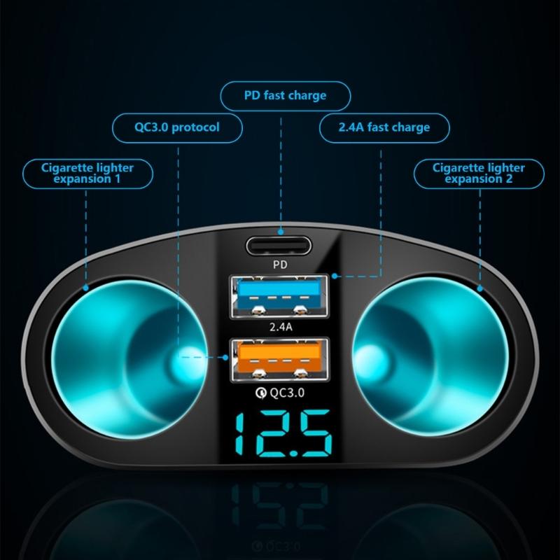 12V/24V Vehicles Lighter Socket Double USB Type C Quick Charging Car Charging Splitter Adapter with LED Display