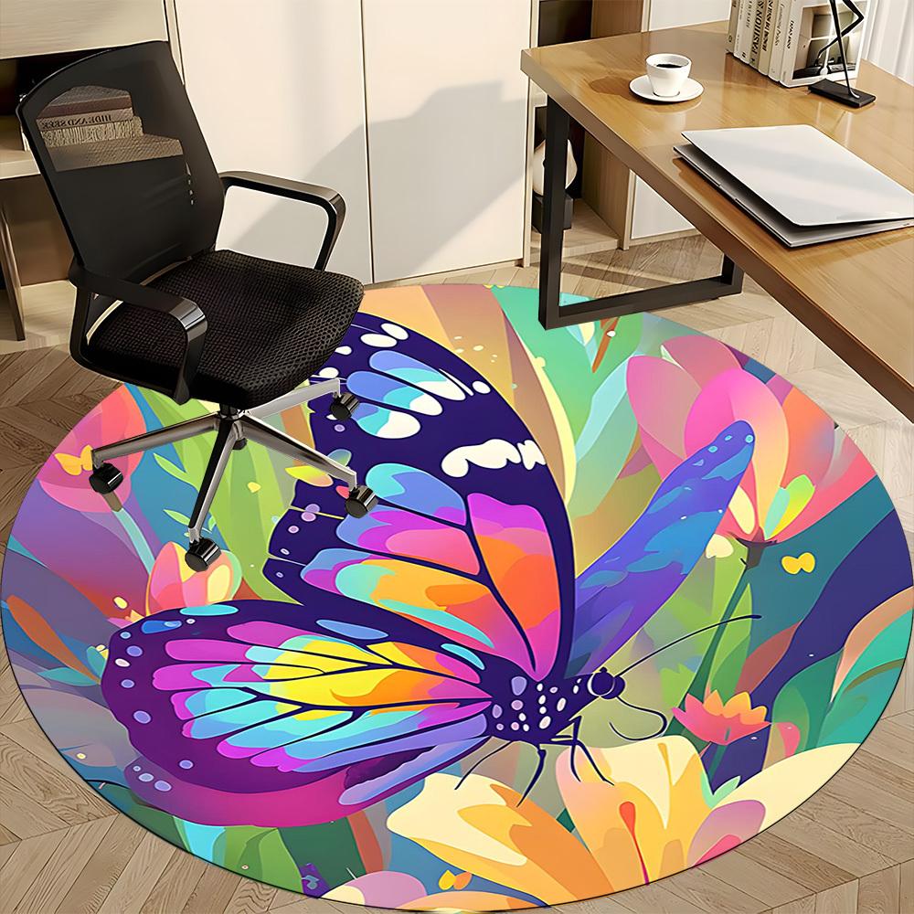 1PC Butterfly Garden Pattern Office Round Area Rug, Mat Suitable For Office, Under Office Chairs Bedroom Living Room Home Decor, Room Deco