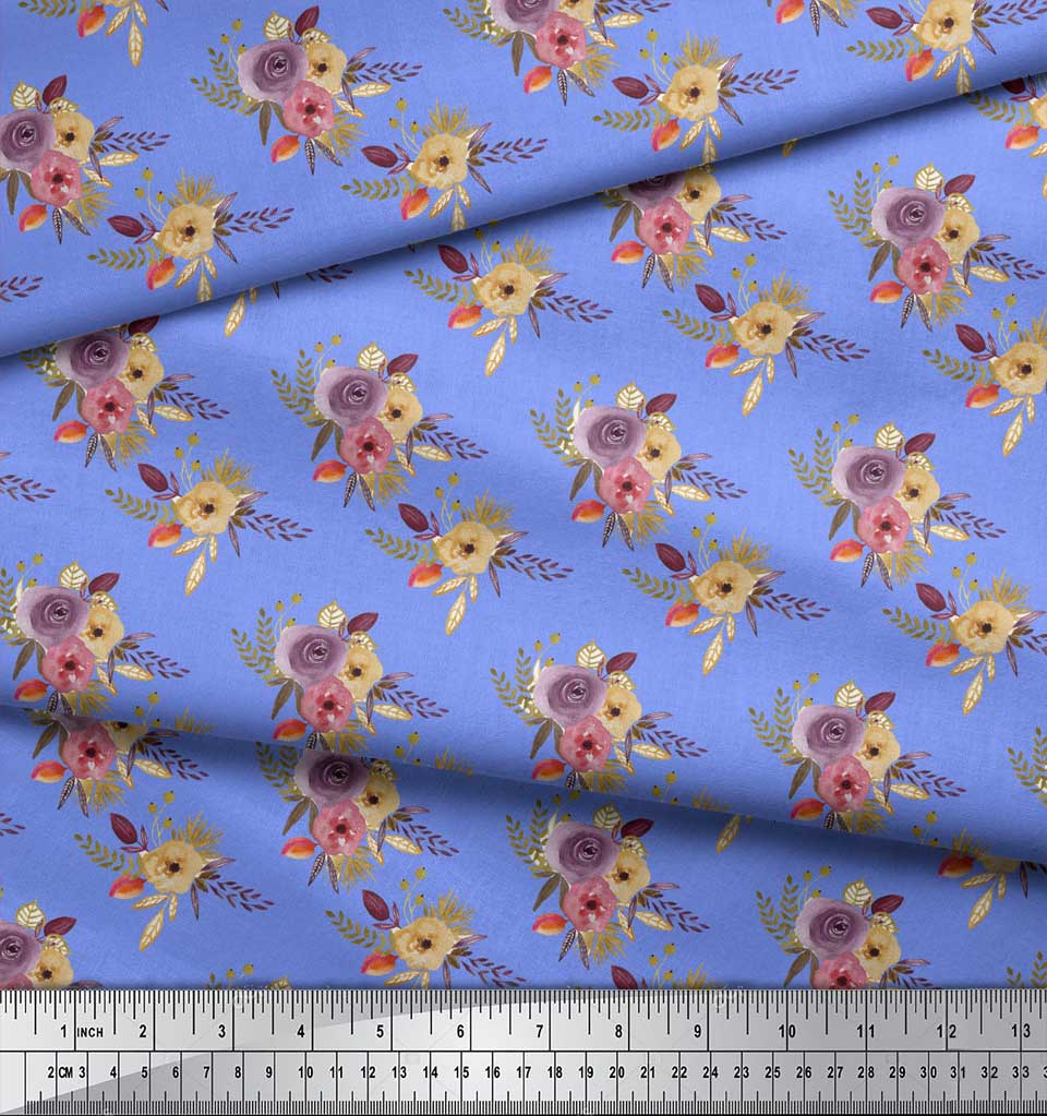 Soimoi Blue Japan Crepe Satin Fabric Leaves & Ranunculus Floral Print Fabric by Metre 42 Inch