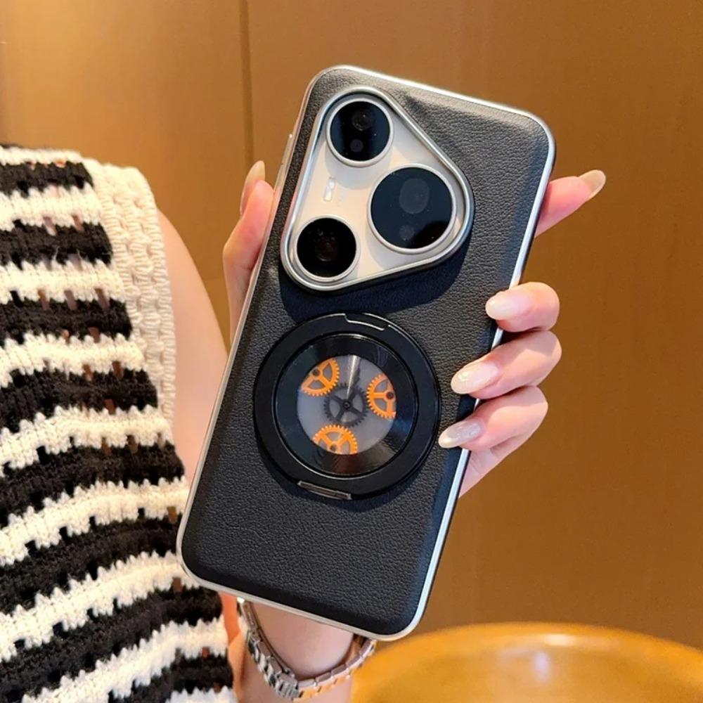 Huawei Pura 80 Ultra 80 Pro + Mate 70 Pro 60 Protect Cover Leather Plated Bezel Unzip Gear Metal Swivel Bracket Phone Case
