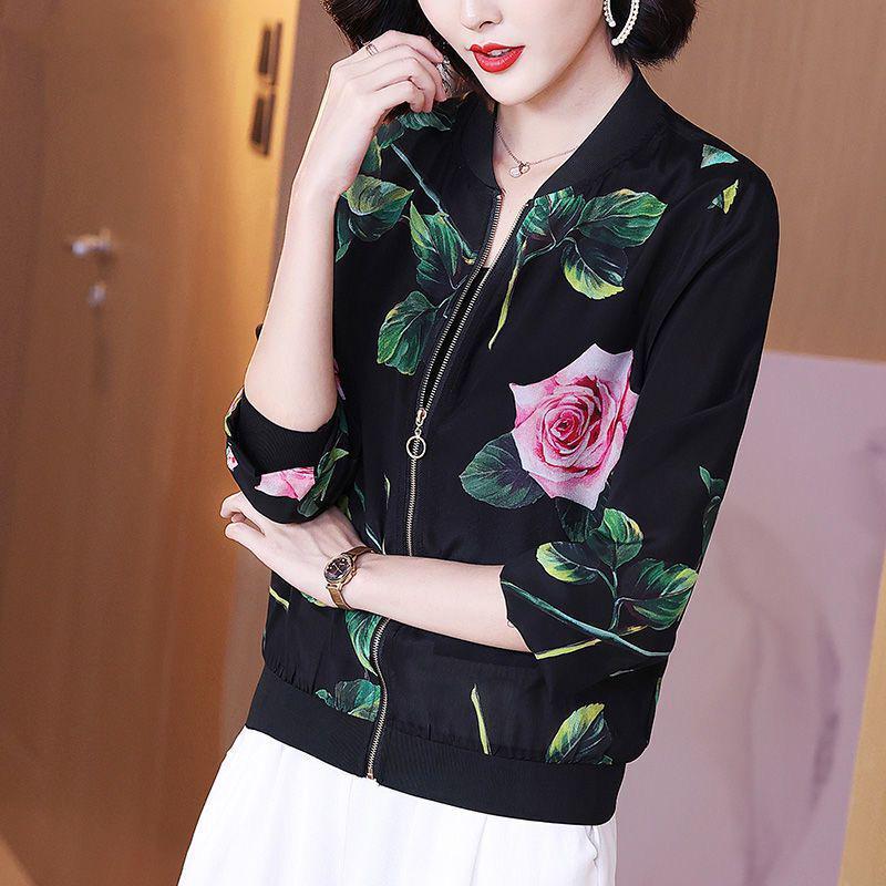 Women's Plus Size Chiffon Printed Baseball Jacket - Summer 2026 Style, Lightweight, Age-Reducing, Sun Protection Short Coat